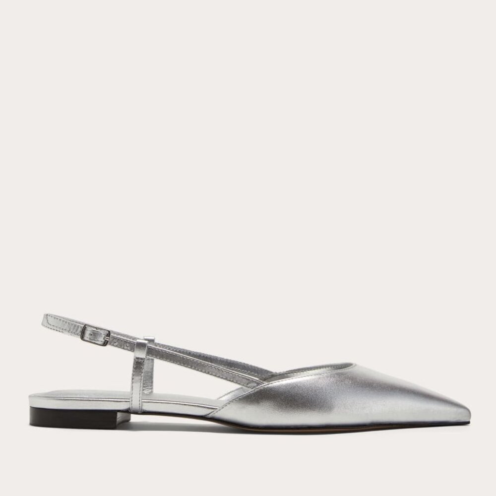 Everlane Silver Pointed Toe Slingback Flats
